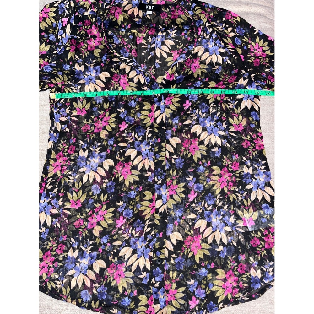 KUT from the Kloth Floral Sheer Button Down Roll Tab Blouse Black Purple Small - Picture 5 of 6